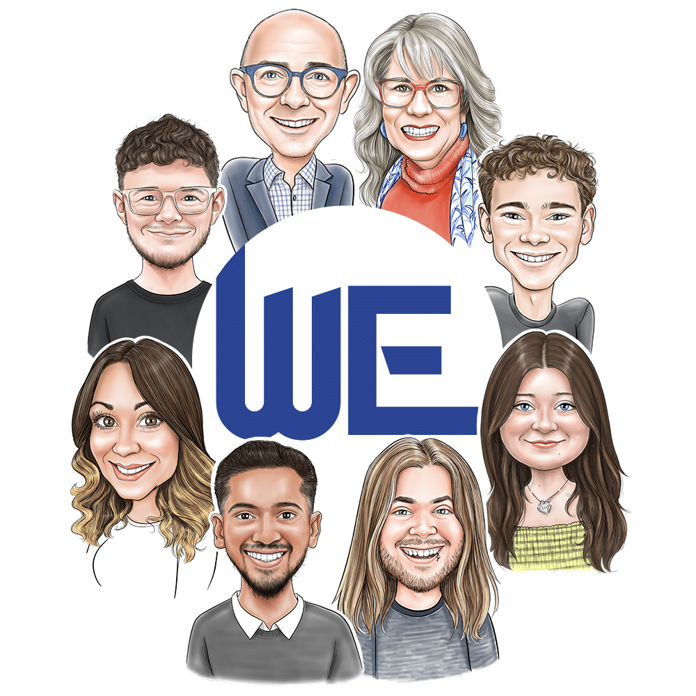 Illustrations of the team at Website Energizers surrounding the WE logo