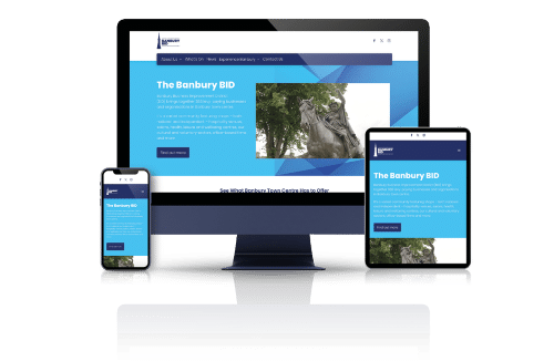 Banbury BID's Wordpress Website shown on Desktop, Tablet and Mobile devices
