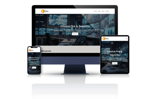 Choice Fire & Security's Wordpress Website shown on Desktop, Tablet and Mobile devices