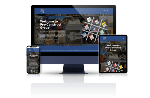 Pre-Construct Group's Wordpress Website shown on Desktop, Tablet and Mobile devices